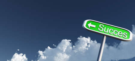 The signpost with a direction and the text - success. Against the blue sky with clouds.の写真素材