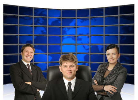 Business people. Group of people and big virtual the monitor with the image map the earths on a background.の写真素材