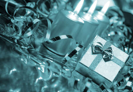 Christmas candles and gift boxes. Blue colorの写真素材