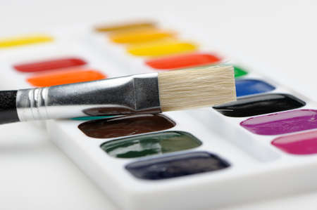 Brush with paints. Selective focus. A photo close upの写真素材