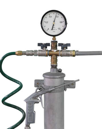 Manometre with the compressor. It is isolated on a white backgroundの写真素材