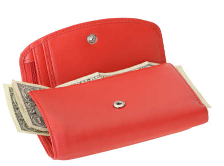 Red leather wallet with dollars. It is isolated on a white backgroundの写真素材