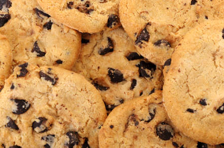 Chocolate chip cookies background.Detailed photo closeupの写真素材