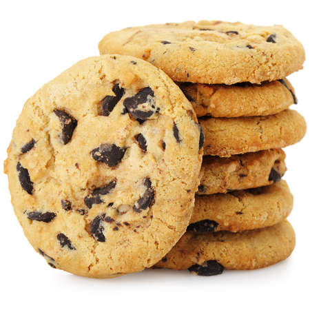 A stack of chocolate chip cookies. Isolated on a white background.の写真素材