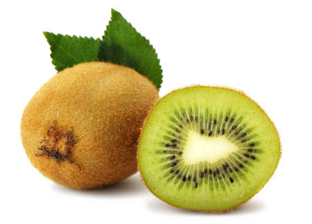 Section kiwi fruit. A detailed photo close up of exotic fruit on a white backgroundの写真素材