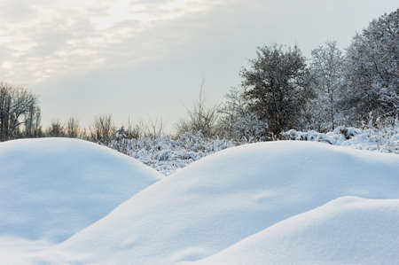 Winter landscape. Frosty weather, snowdrifts in the foregroundの写真素材