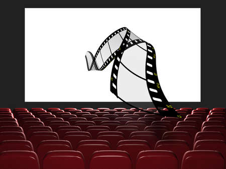 Cinema auditorium. The film takes off from the screen. 3d rendering. View on the screenの写真素材