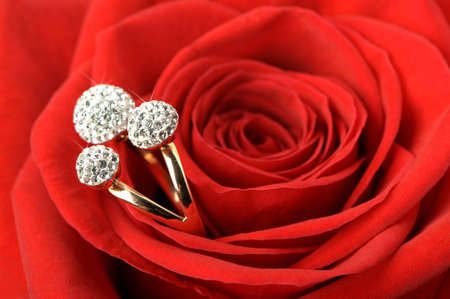 Red rose with a ring with jewels. A photo closeupの写真素材