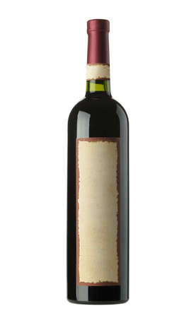 Bottle of old wine. A yellow ancient label. It is isolated on a white backgroundの写真素材