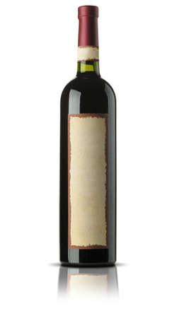 Bottle of old wine. A yellow ancient label. It is isolated on a white backgroundの写真素材