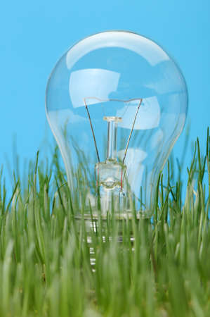 Electric lamp in a grass. A blue backgroundの写真素材