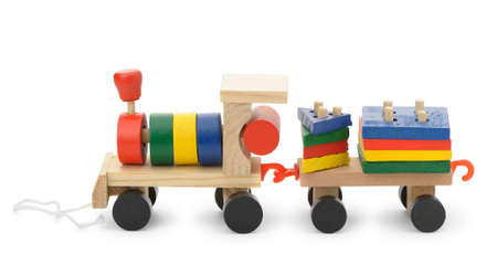 Children's wooden steam locomotive a toy. It is isolated on a white backgroundの写真素材