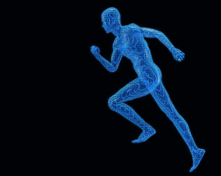 Run digiital men. Texture 3d models a blue transparent grid on a black backgroundの写真素材