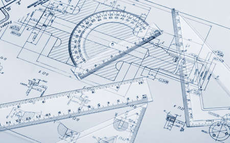The plan industrial details, a protractor, ruler. Blue toned