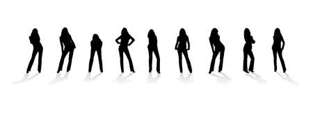 Silhouette of the woman. Various poses. Uncurl hair. It is isolated on a white backgroundの写真素材