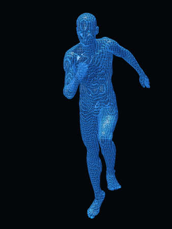 Run digiital men. Texture 3d models a blue transparent grid on a black backgroundの写真素材
