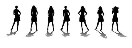 Silhouette of the woman with reflection. Various poses. Uncurl hair. It is isolated on a white backgroundの写真素材