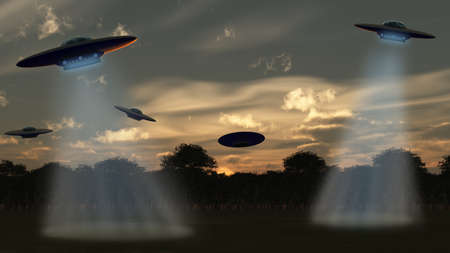 Alien attack.UFO over forest, the sunset sky. 3D rendering