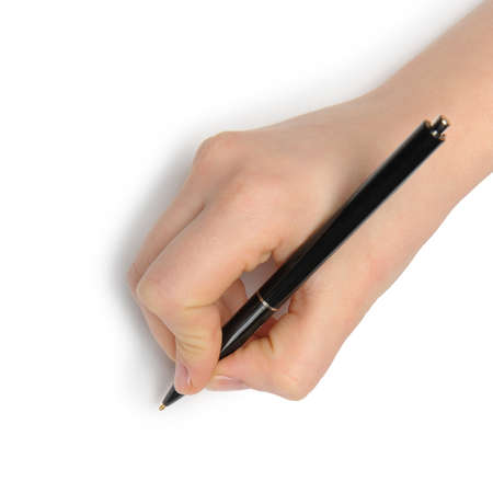 Hand with pen. Over grey empty a paper. Imitation to writeの写真素材