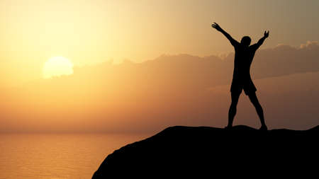 men greeting sun. Stands on hill, ocean and yellow sunsetの写真素材