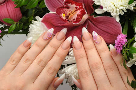 Female hands with manicure closeup. Against an orchidの写真素材