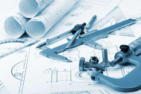 The plan industrial details, a screws, caliper, divider,micrometer. A photo closeup. Blue toningの写真素材
