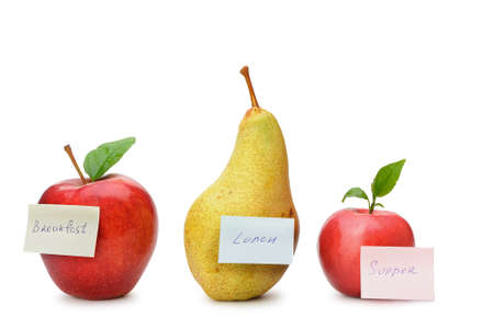 Pear and red apples with paper notes. Inscriptions on the notes Breakfast, lunch and dinner. The concept of dietの写真素材