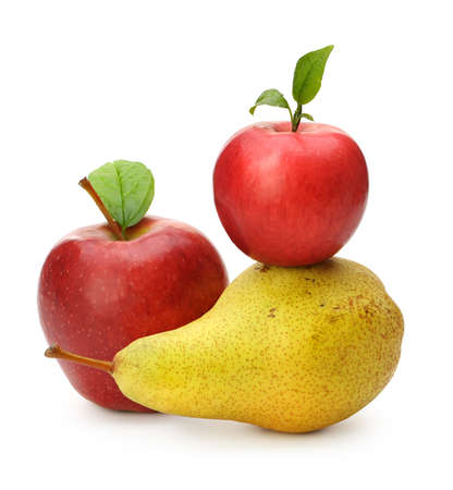 Pear and red apples. Isolated on white backgroundの写真素材