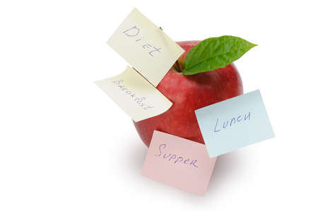 Apple with paper notes. Inscriptions on the notes Breakfast, lunch and dinner. The concept of dietの写真素材