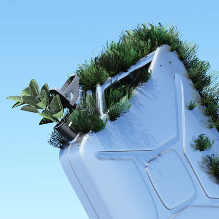 Biofuel.The metal canister on which grows a grass. Concept of ecological fuel.lの写真素材