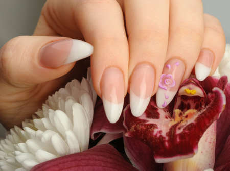 Female hands with manicure closeup. Against an orchidの写真素材