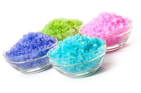 Sea color salt in glasses. Isolated on whiteの写真素材