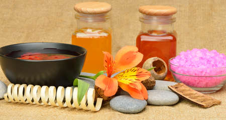 Object for the spa. Pebble, Lily, bowl with roses in water.の写真素材