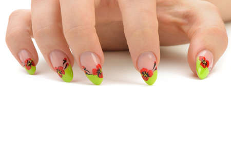 Female hand with manicure closeup. Isolated on white.Drawing red poppy flowers.の写真素材