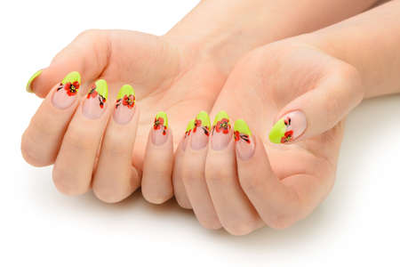 Female hands with manicure closeup. Isolated on white. Drawing red poppy flowers.の写真素材