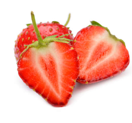 Section strawberries. Detailed cut strawberries isolated on white backgroundの写真素材