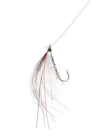 Fly fishing lure isolated on a white backgroundの写真素材