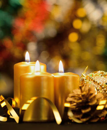 Christmas objects of decoration. Candles, ribbons, giftsの写真素材