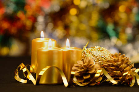 Christmas objects of decoration. Candles, ribbons, giftsの写真素材