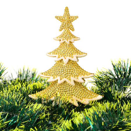 gold decorated Christmas trees and holiday object. Isolated on whiteの写真素材