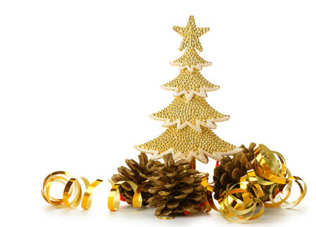 gold decorated Christmas trees and holiday object. Isolated on whiteの写真素材