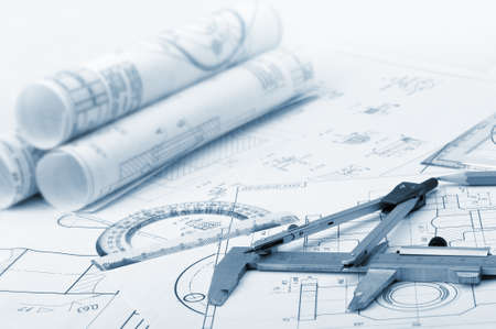 The plan industrial details,  caliper, divider and protactor. Blue toning A photo closeup.の写真素材