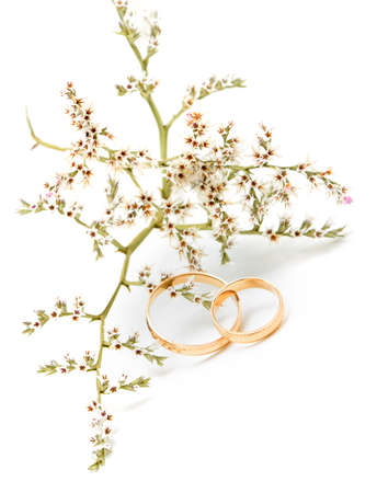 Gold wedding rings and branch flowers . Isolated on white backgroundの写真素材