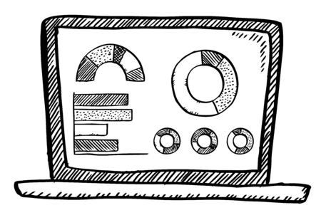 Cartoon style doodle of notebook with data charts on screenのイラスト素材