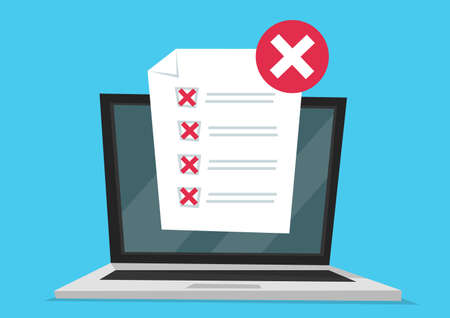 Flat design illustration of notebook with wrong answers on test, online questionnaire results on screen. Computer laptop with online quiz form checklist on screen.のイラスト素材