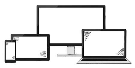 Sketch style colorful illustration of standing laptop, monitor or tv set with tablet and smartphone. Objects are isolated on white background.のイラスト素材