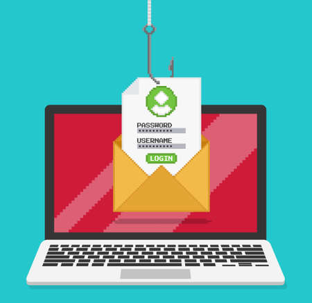 Pixel art vector illustration of Phishing login and password from email with fishing hook on laptop screen.のイラスト素材