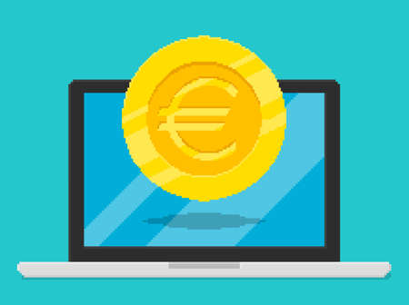 Pixel art style vector illustration of euro coin on laptop screenのイラスト素材