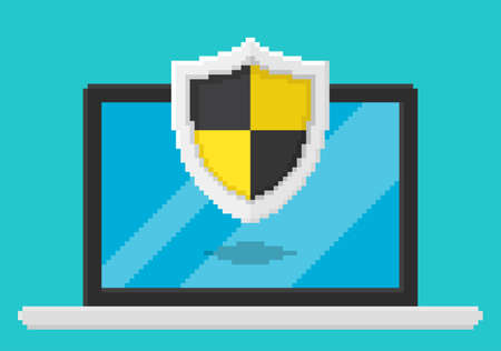 Pixel art style vector illustration of antivirus shield on laptop screen. Security vector illustration, flat cartoon design desktop pc with shield, concept of firewall protection, privacy access,のイラスト素材