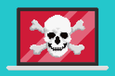 Pixel art style vector illustration of virus skull on laptop screen. Security vector illustration, flat cartoon design desktop pc, concept of firewall protection, privacy access,のイラスト素材
